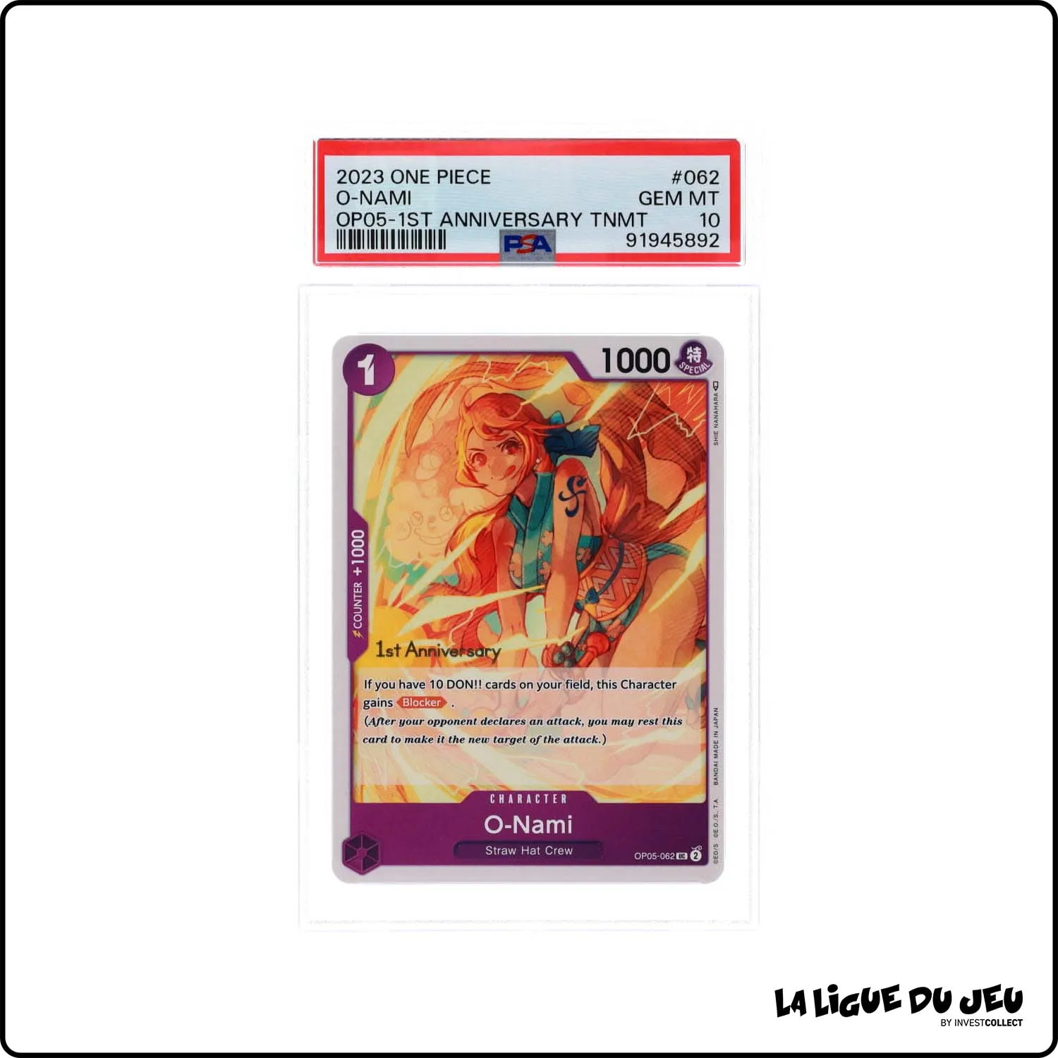 Peu Commune - One Piece - OP05 1st Anniversary Tournament - O-Nami - OP05-062 - PSA 10 - Anglais