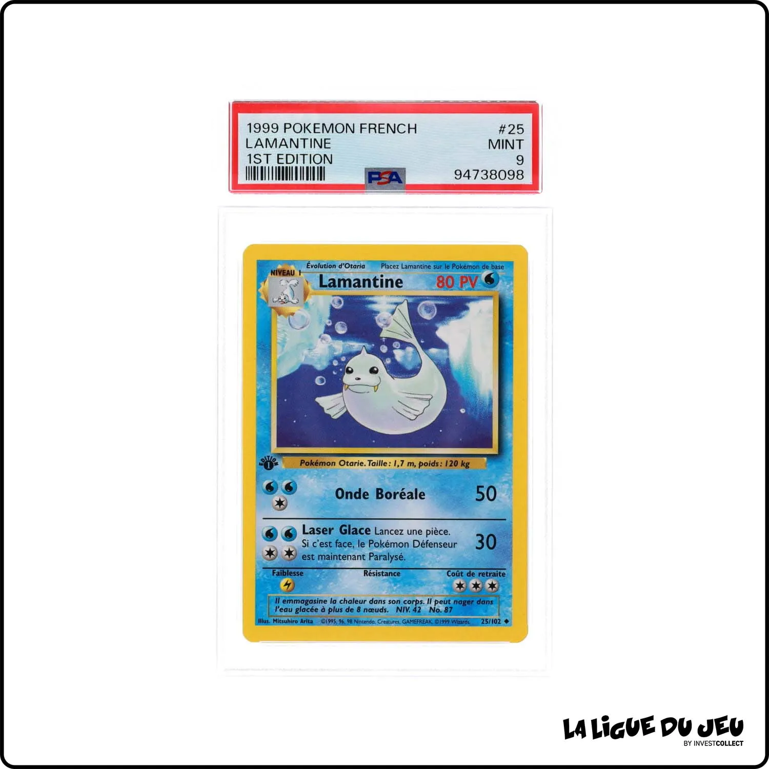 Peu Commune - Pokemon - Set de Base - Lamantine 25/102 - 1er édition - PSA 9 - Français