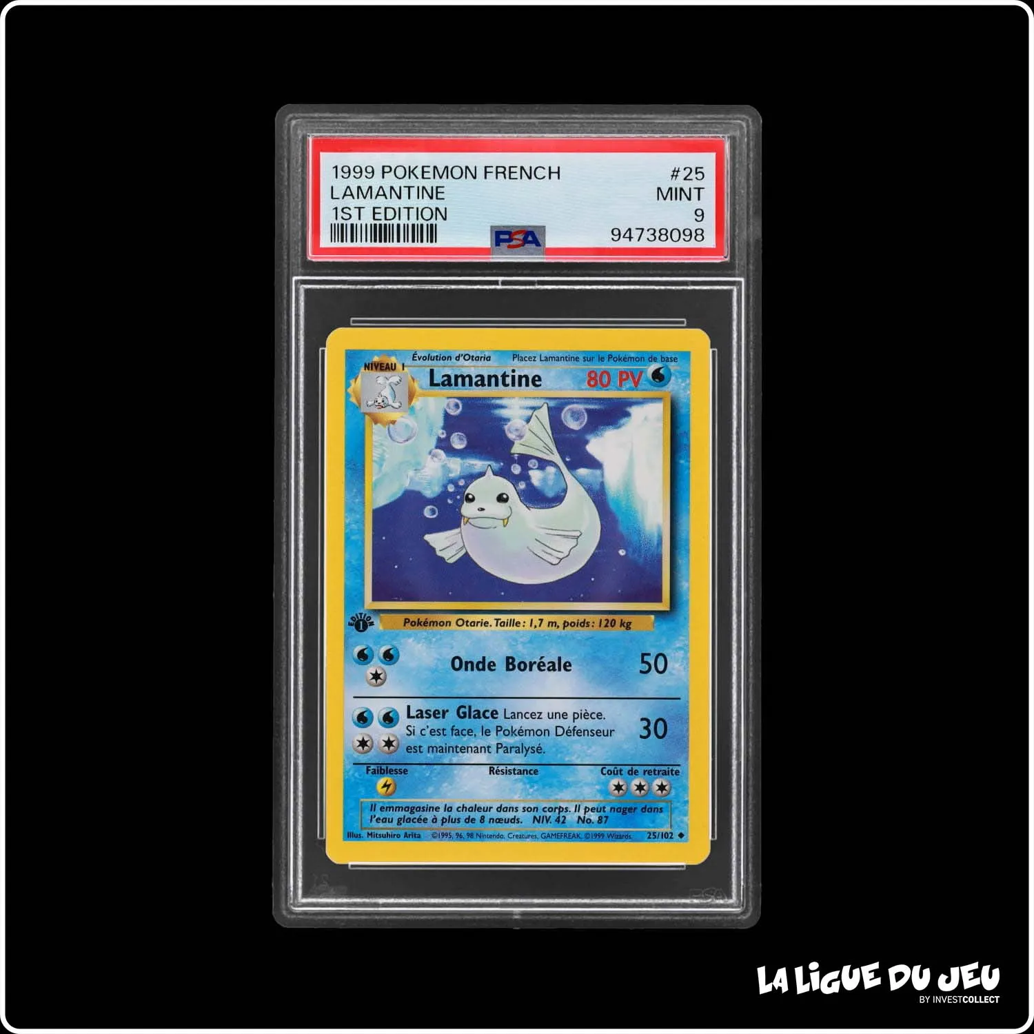 Peu Commune - Pokemon - Set de Base - Lamantine 25/102 - 1er édition - PSA 9 - Français