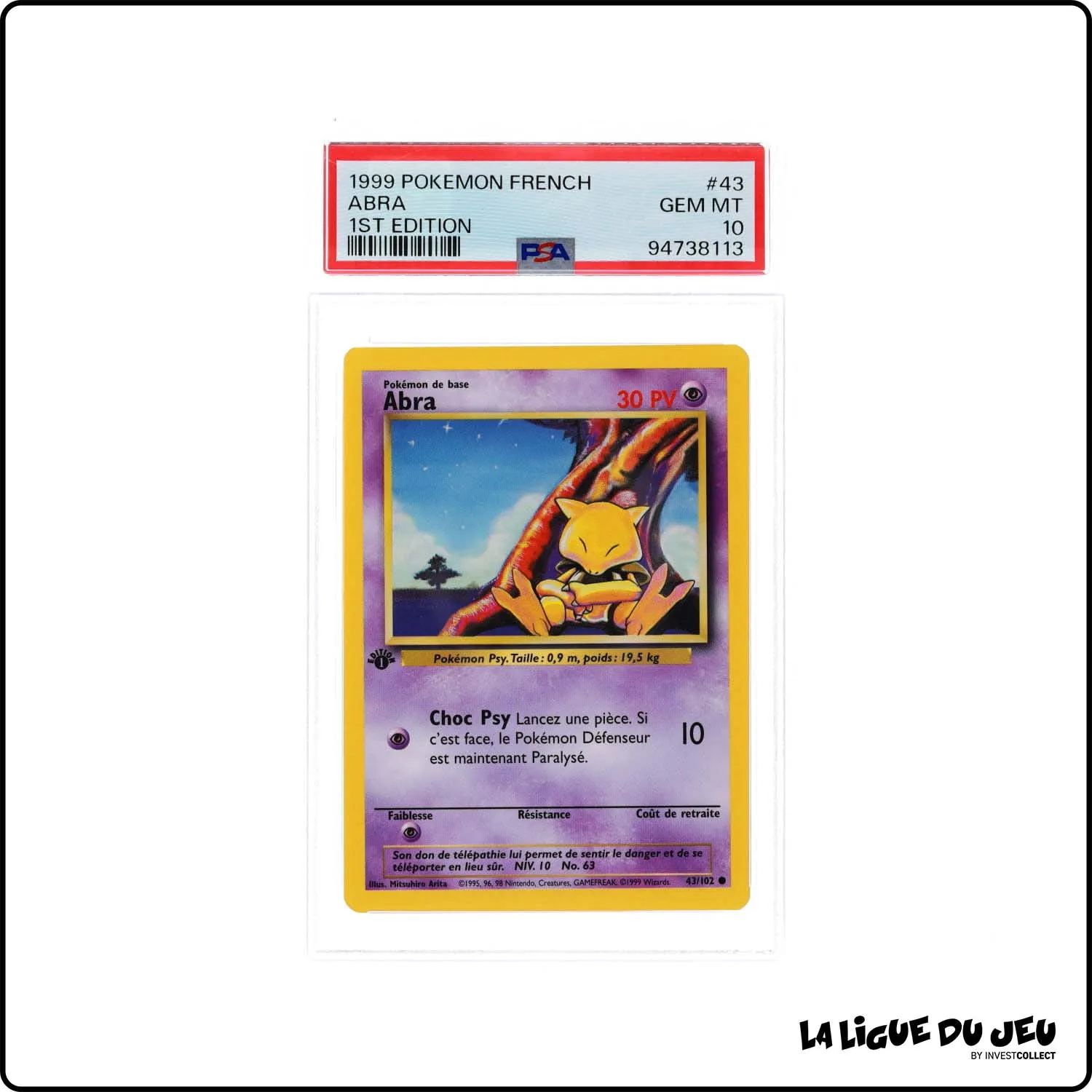 Commune - Pokemon - Set de Base - Abra 43/102 - 1er édition - PSA 10 - Français