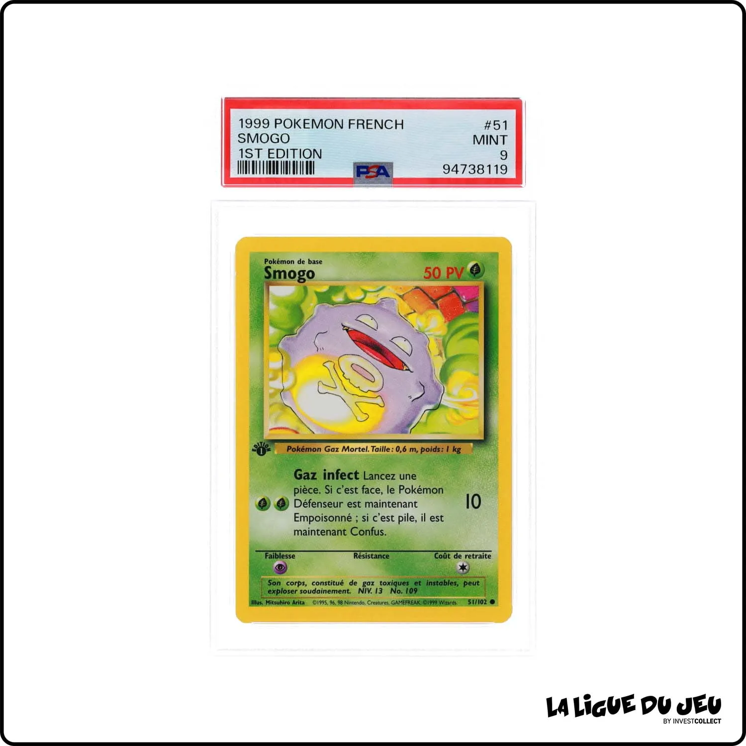 Commune - Pokemon - Set de Base - Smogo 51/102 - 1er édition - PSA 9 - Français